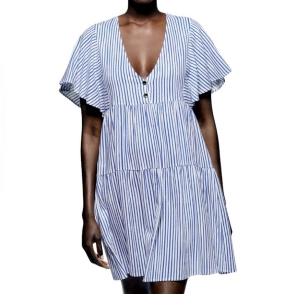 Zara Striped Linen Blend Flutter Sleeves Mini Tiered Dress Size Large
